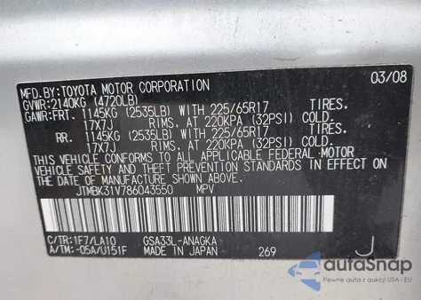 2008 Toyota Rav4 Limited V6 из США, поврежденный, VIN JTMBK31V786043550